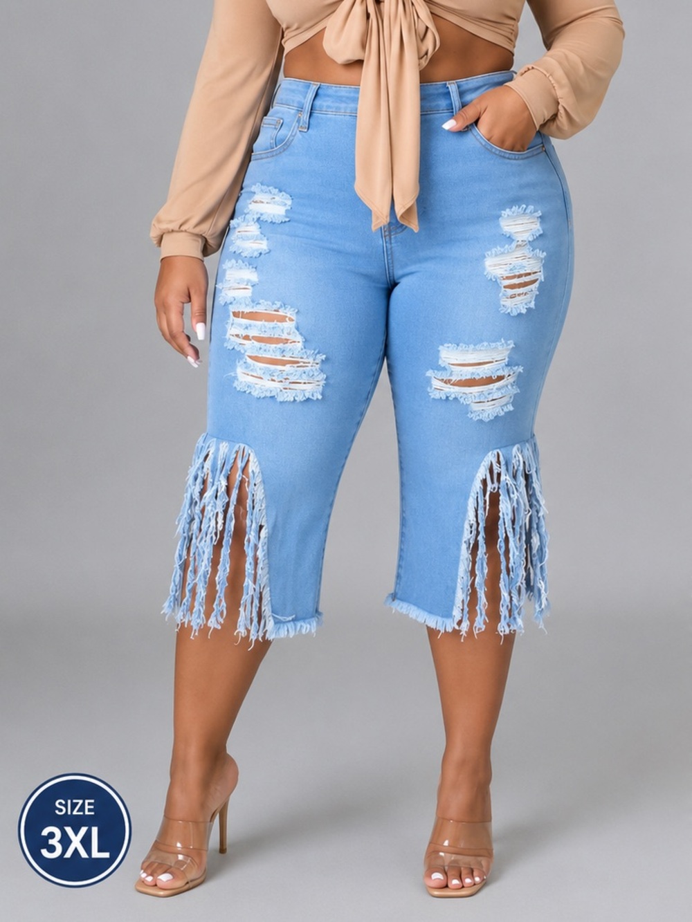 Plus Size Distressed Fringe Capri Jeans | Light Wash Stretch Denim | Size 3XL